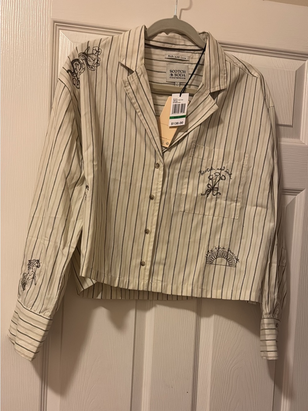 Scotch & Soda Cream Striped Button-Down Jacket with Black Embroidery